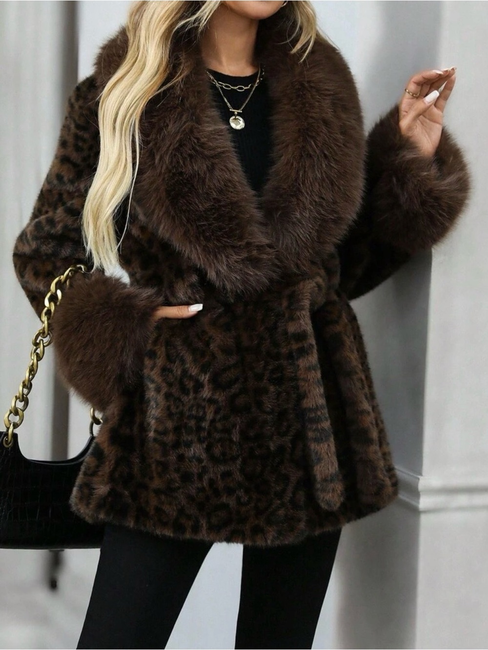 Lux Faux Fur Leopard Shawl Collar Coat - Brown